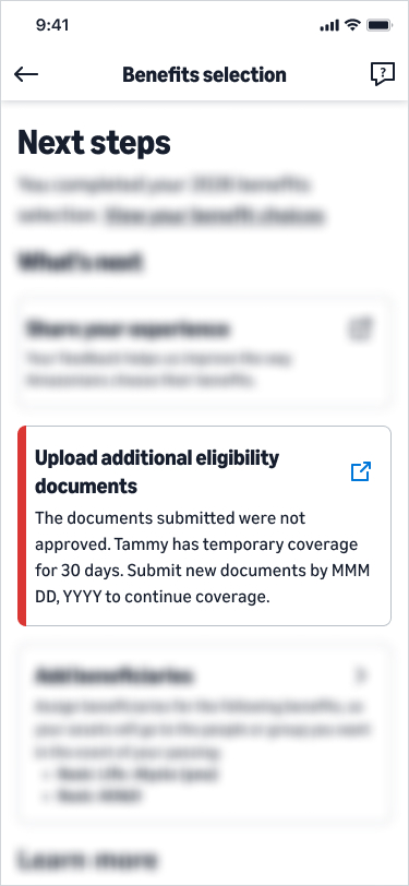 Next steps page: the same not-approved message with a route to submit new documents